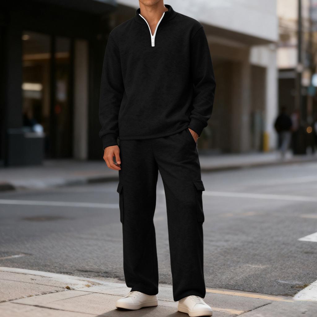 Men's Classic Casual Outdoor Activewear Set | Fleece Solid Color Quarter-Zip Stand-Collar Hoodie & Elastic-Waist Cargo Pants 2-Piece Outfit