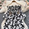 Floral Print Strapless Dress Women French Slash Neck Flare Sleeve Elastic Waist Lady Vacation Fashion Slm A Line Dress