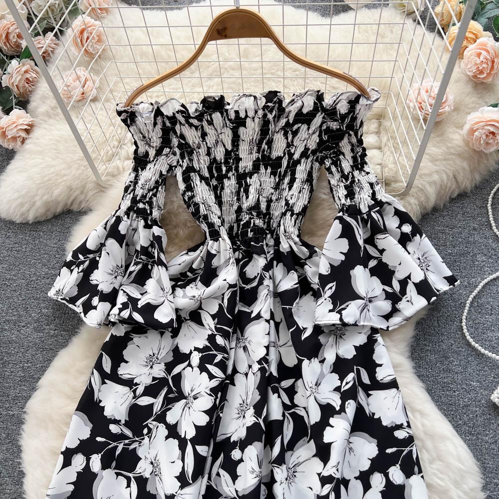 Floral Print Strapless Dress Women French Slash Neck Flare Sleeve Elastic Waist Lady Vacation Fashion Slm A Line Dress