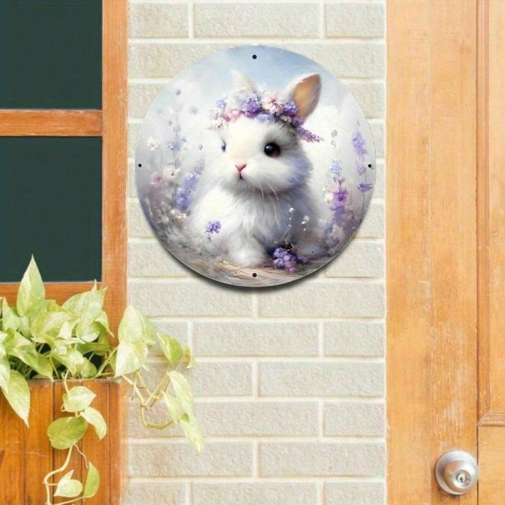 Cute Bunny Metal Sign Welcome Easter Spring Lavender Farmhouse Wall Art 8x8 Inch Garden Patio Decor Plaque