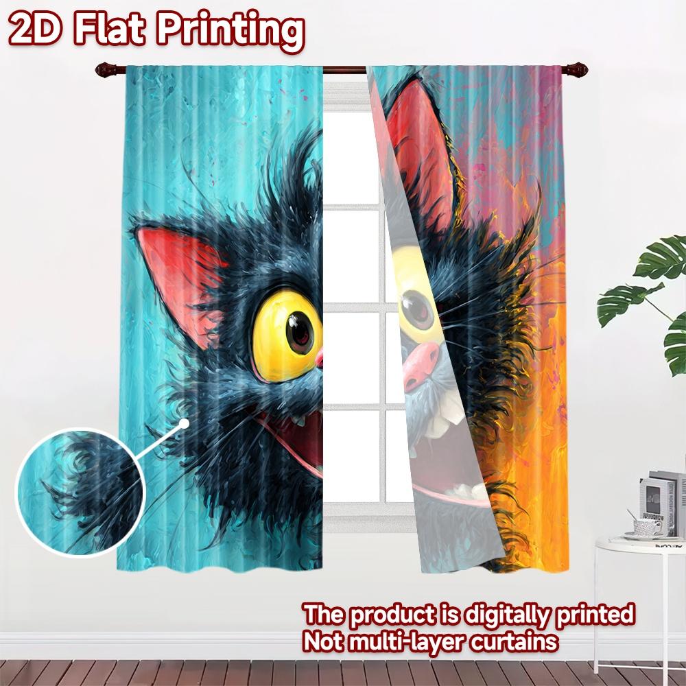 2D Flat Printing 2pcs Window Curtains Black Cat Cute Cartoon_a Digital Printed Polyester Drapes All Season Party & Holiday Decor
