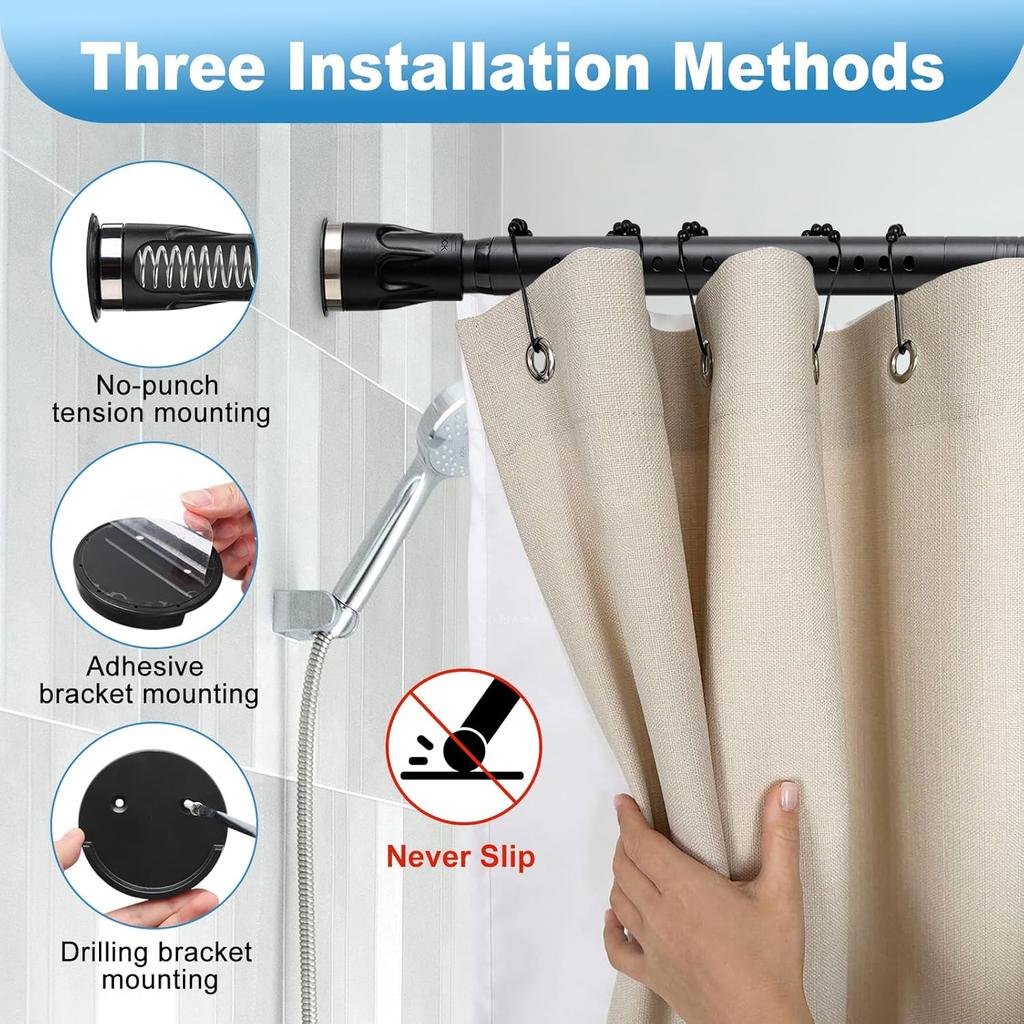 Tension Curtain Rod, 42 to 115 inch Adjustable Heavy Duty black shower curtain rod for bathroom Closet Windows