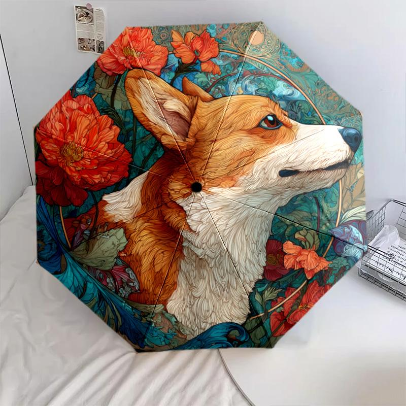 0106 Floral Dog  pattern, automatic folding umbrella, portable and foldable design, 8 ribs, a Christmas or birthday gift.