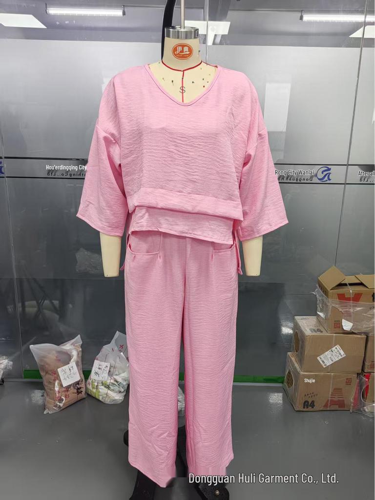 2025 Euro-American Style Solid Color Casual Two-Piece Set: Crew Neck Top & Mid-Waist Pocket Pants