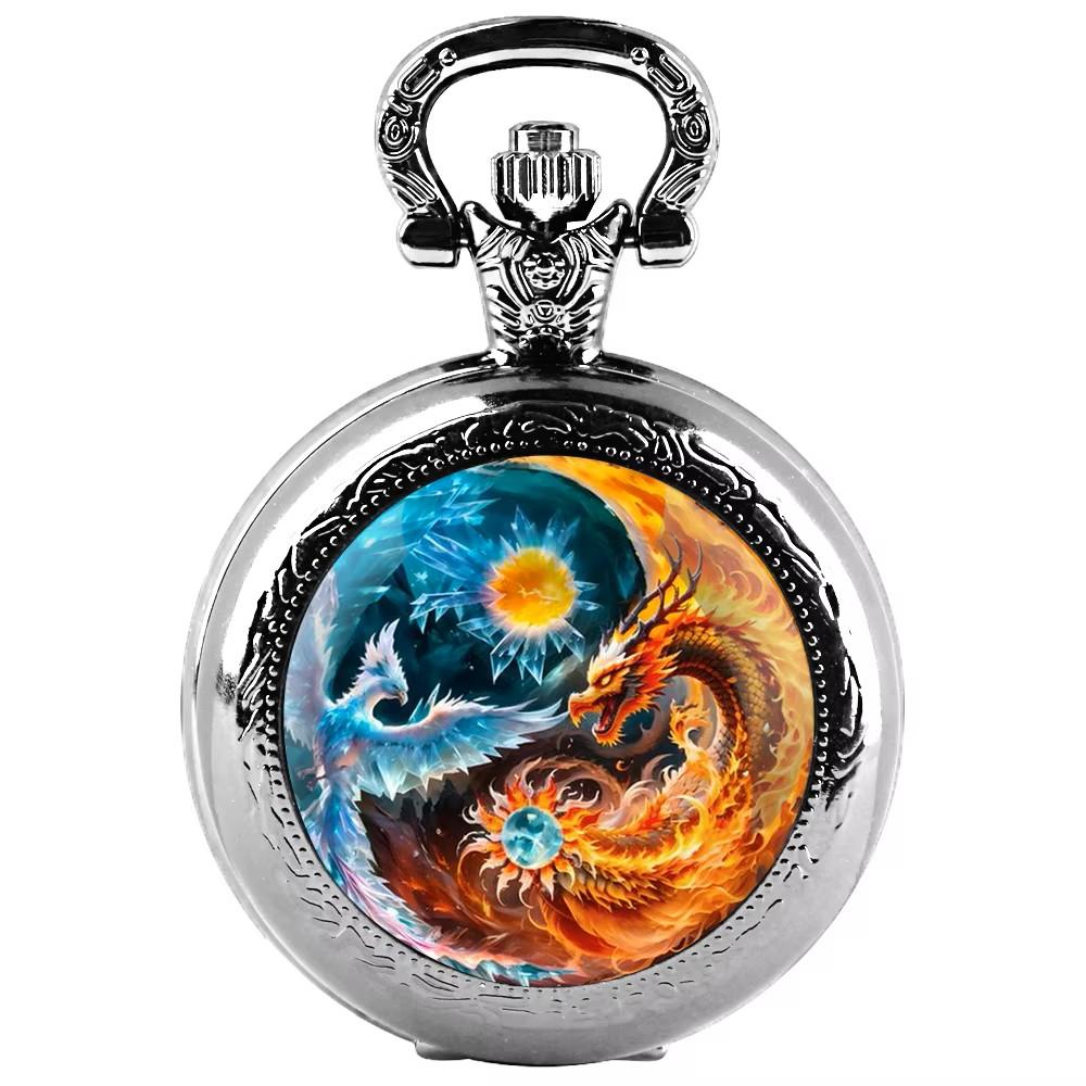 Vintage Retro Antique Dragon Phoenix Chinese Yin Yang Quartz Unisex Men Women Pocket Watch Quartz Necklace Pendant Clock Chain Classic Dial Gift