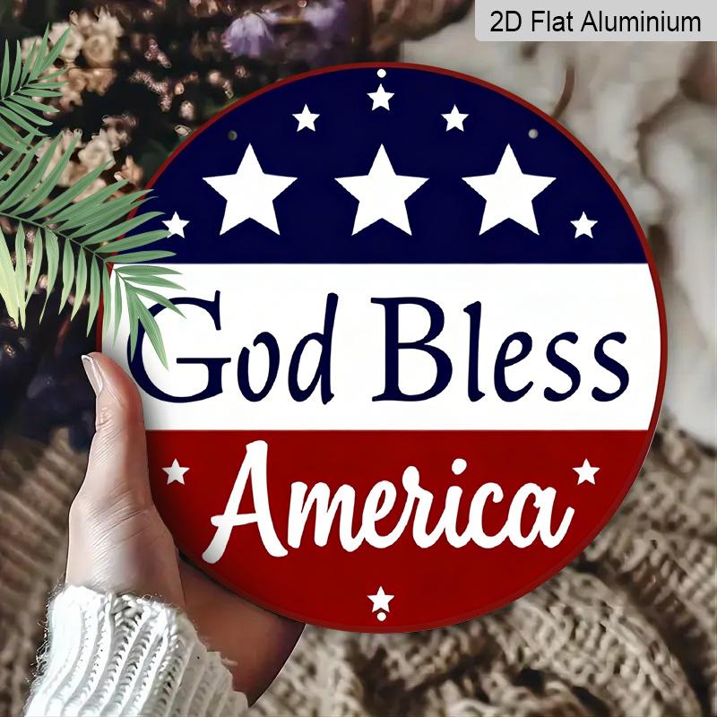 2D Flat, 1pc Patriotic “God Bless America” Hanging Sign, Heavy-Duty Aluminum Independence Day Decoration with Navy Blue & Red Stars, 7.87In American
