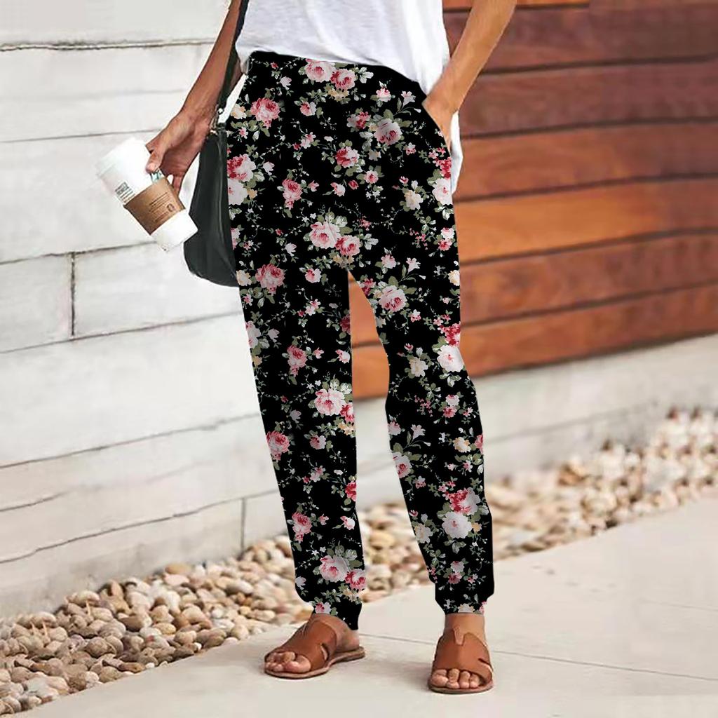 Women 3D Pink Beautiful Rose Print Pants Lace Up Elastic Waist Loose Trousers Casual Long Pants Trousers with Pockets