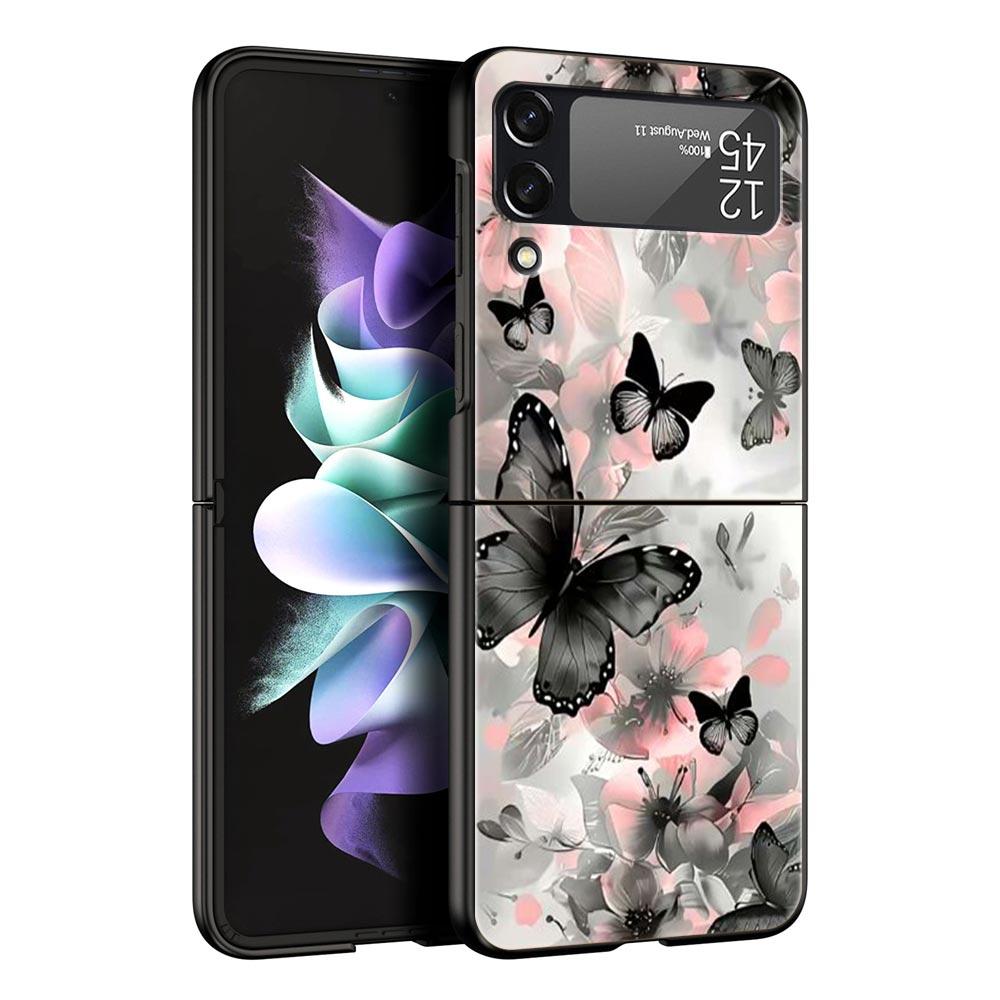Fashionable Butterfly Flower Pattern Hard PC Phone Case For Samsung Galaxy Z Flip 7 6 5 4 Black Bag For Galaxy Z Flip 3 Foldable