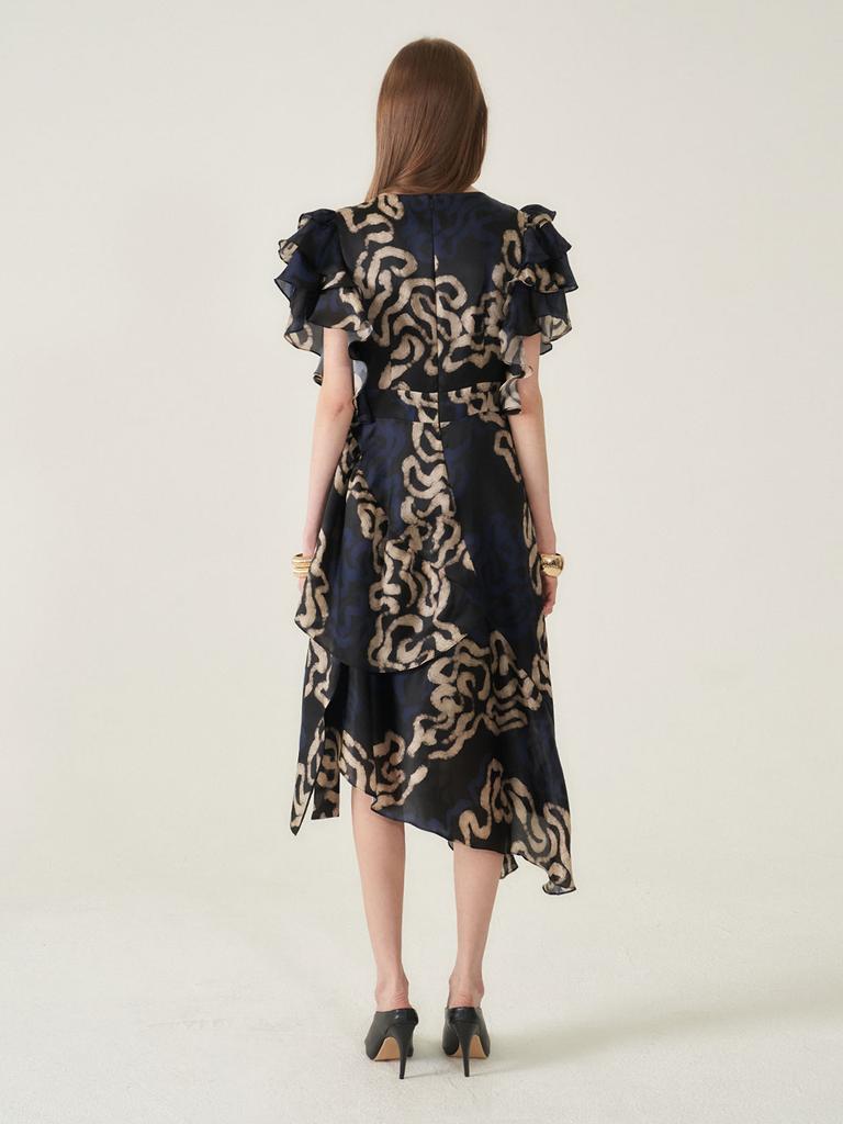 Kaie Art Graphic Satin Silk Asymmetrical Flare Dress