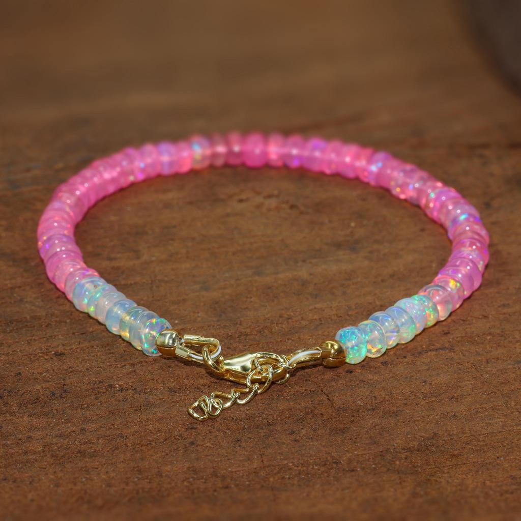 Pink Shaded Opal Beads Bracelet, Multifire Opal Beads Handmade Bracelet, Natural Opal Beaded Bracelet, Opal Birthstone Jewelry, Gift for Her