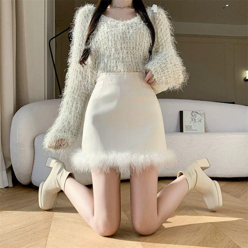 Pu Leather Skirt Autumn and Winter Women's Skirt New Style High-grade Fur Splicing Temperament High Waist Hip A-line Short Skirt
