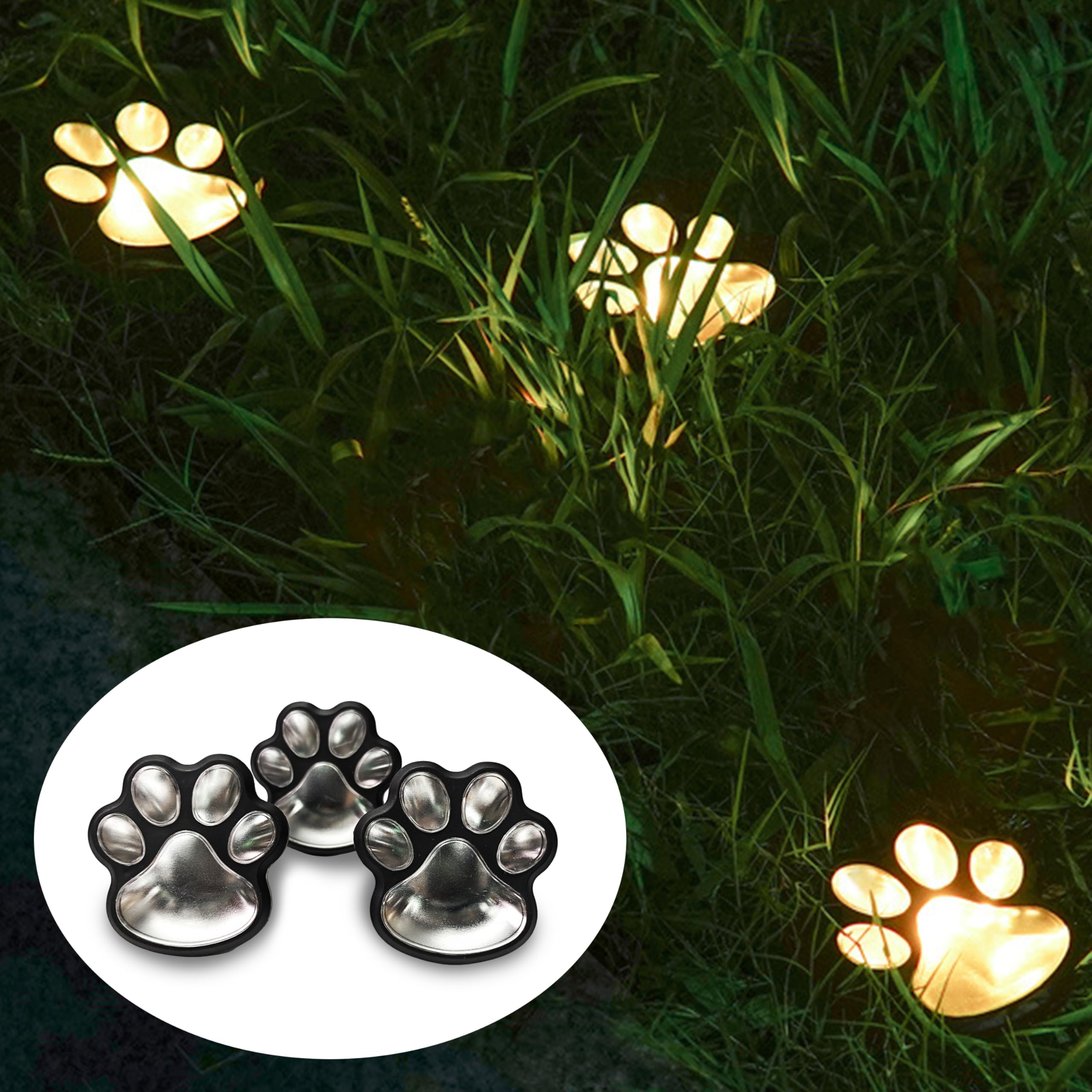 

[3-Pack] Dog and Cat Paw Solar Lights, Recessed Outdoor Garden Lights, Automatic Turn-On, IP44 Waterproof, Warm White Light, Pet Paw Design, Perfect