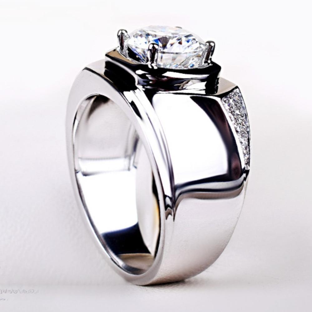 Platinum PT950 Coated Diamond Ring Stylish Business Men Wedding Band Elegant Design