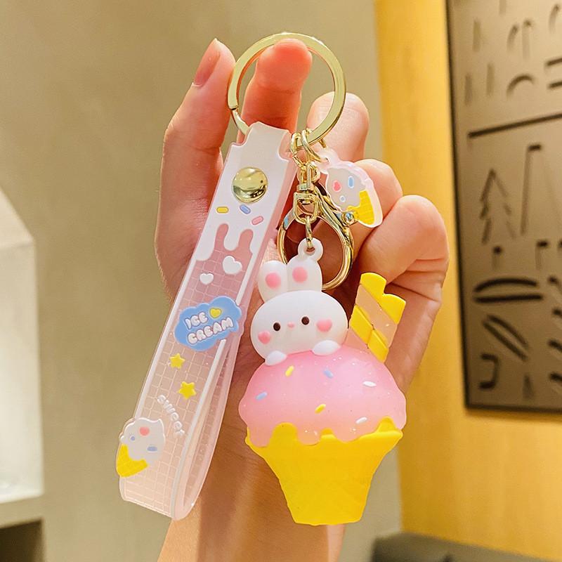 Sweet Pink Delightful Bunny Ice Cream Keychain For School Bags And Purses