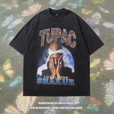 American Retro Trendy Brand Hip-Hop Portrait Print Washed Old Short-Sleeved T-Shirt Men'S And Women'S Vintage Half-Sleeved Top