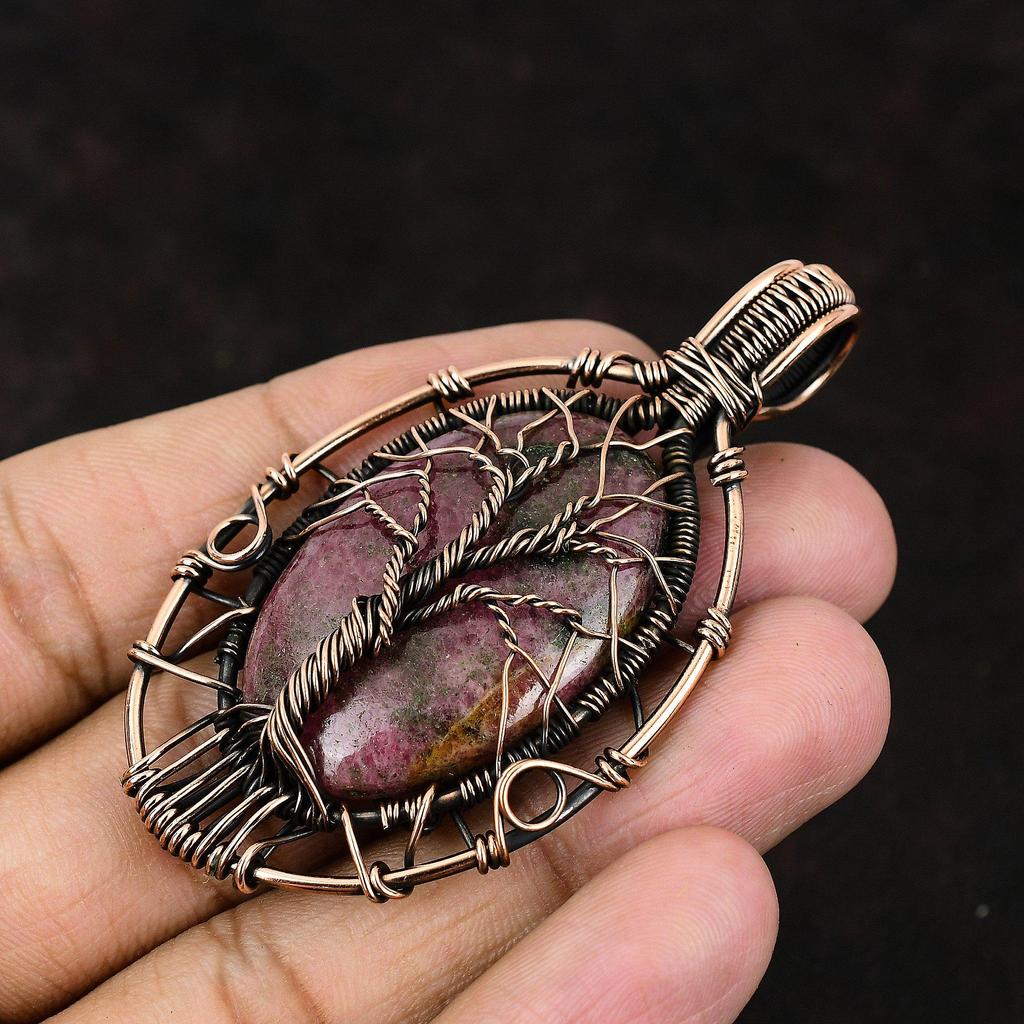 Baum des Lebens Rhodonit Anhänger Edelstein Anhänger Kupferdraht umwickelter Anhänger Designerschmuck Handgefertigter Rhodonit Anhänger Baum des Lebens Schmuck