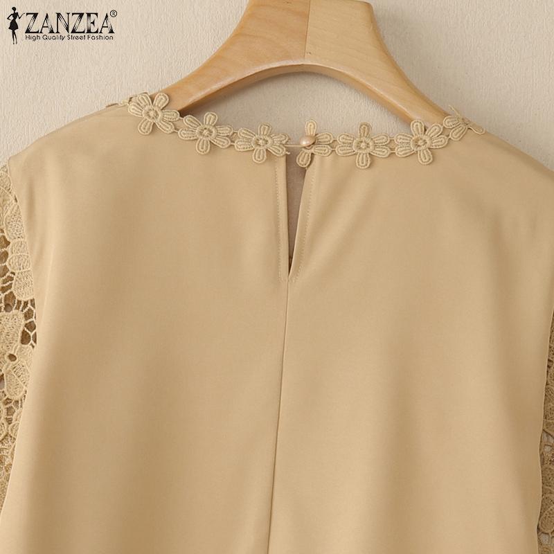 ZANZEA Women Summer Round Neck 3/4 Sleeve Casual Patchwork Lace Crochet Blouse