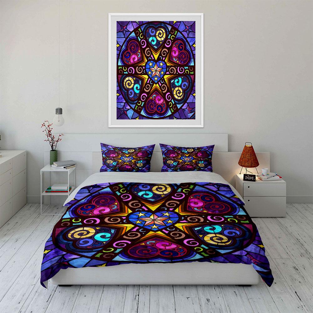 Stained Glass Heart Decor Set Soft Comfortable Duvet Cover Bedding Set Included 1*Duvet Cover & 2*Pillowcases, Gift