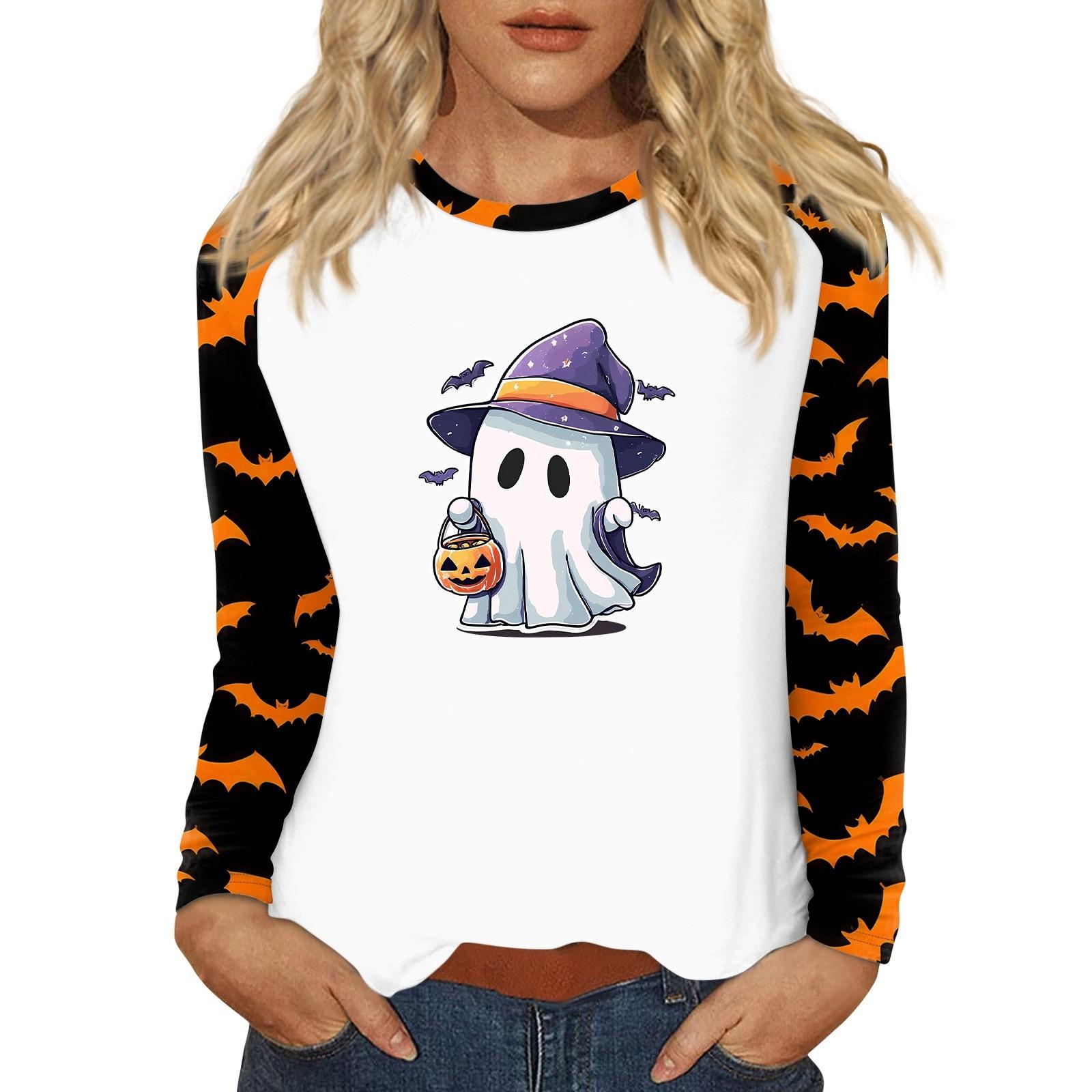 

Women s T Shirt Halloween Print Long Sleeve Daily Fashion Basic Round Neck Raglan Sleeve Top XXL фіолетовий