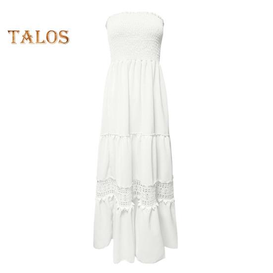 

Женское макси-платье с открытыми плечами, летнее платье-трапеция с кружевной отделкой, бохо, без бретелек, струящийся пляжный сарафан S белый