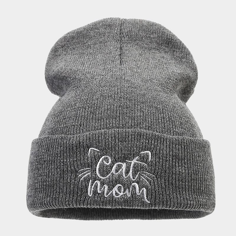 New Cute Cat Mom Embroidery Simple Pile Hat Women's Autumn and Winter Fashion Warm Wool Hat Light Mother Hat