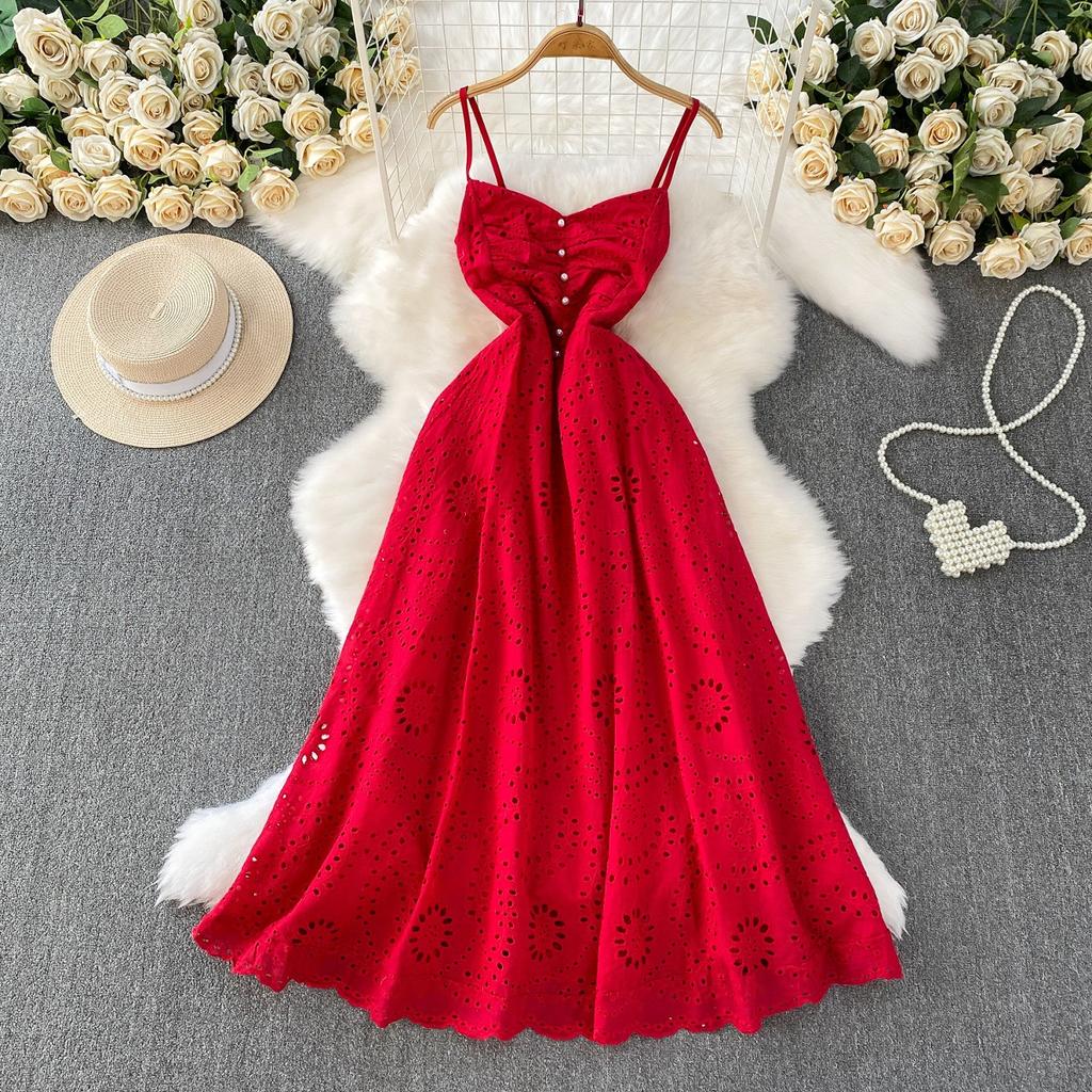 French gentle wind pink V-neck suspender dress women's summer crochet hollow embroidery thin pendulum long skirt
