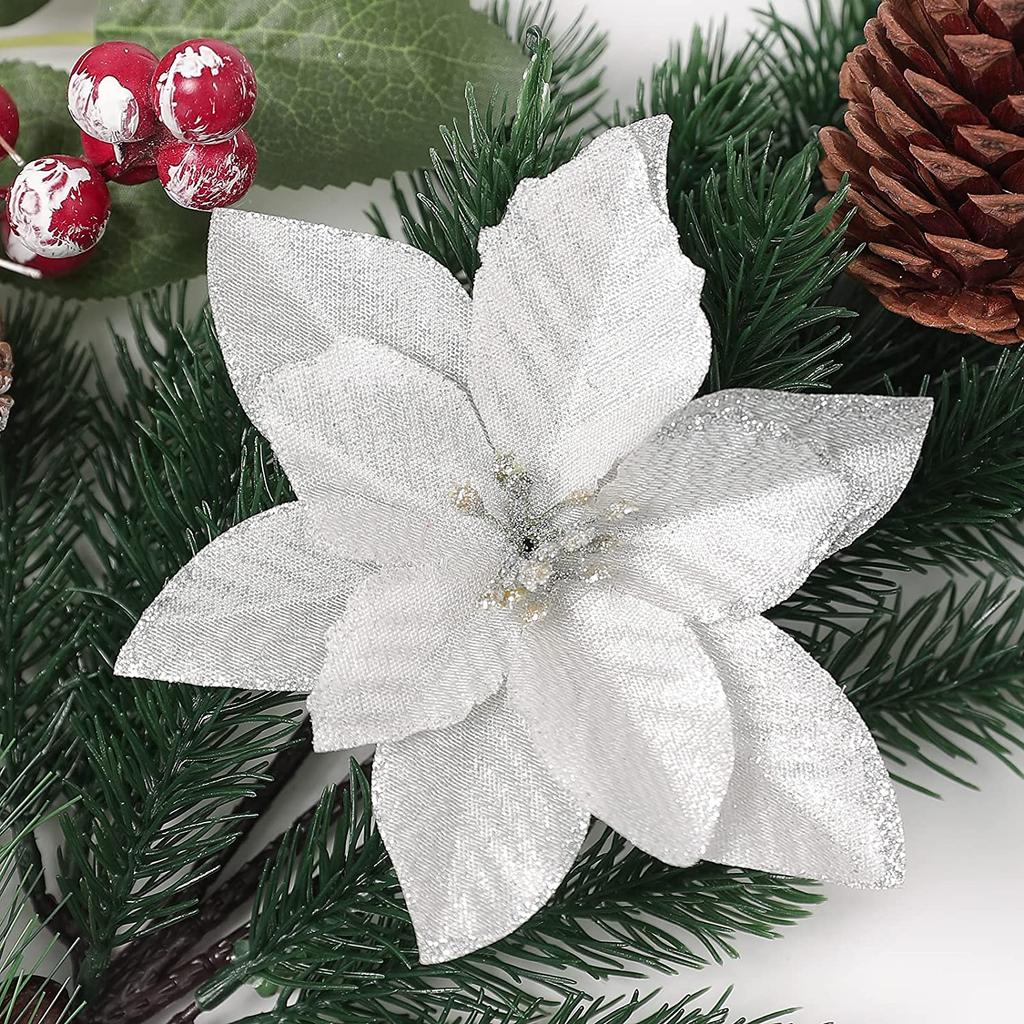 5/10Pcs 13cm Glitter Artificial Christmas Flowers Christmas Tree Decorations for Home Xmas Ornaments New Year Decor Fake Flowers