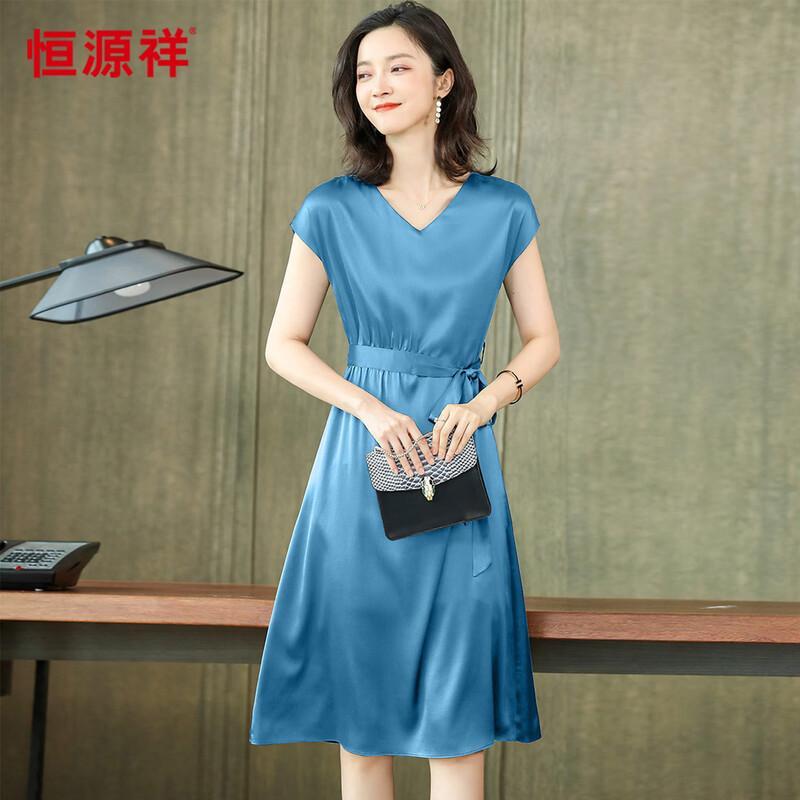 Hengyuanxiang Elegant Slim Fit V-Neck Short Sleeve Silk Dress XL