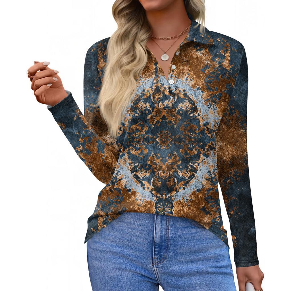 Damenmode Casual Revers Kurze Langarm Print Shirt Damen Button Up Tops