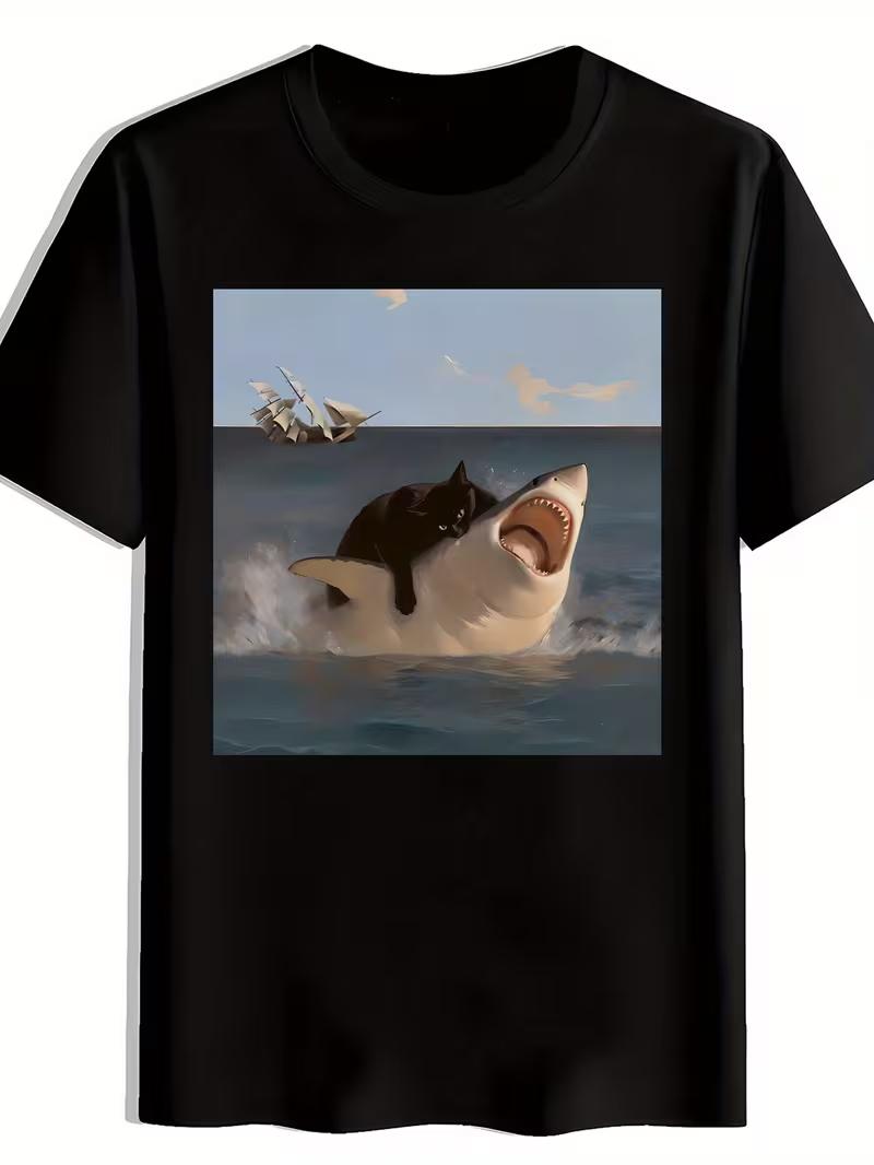 

Funny Black Cat Riding Shark Graphic Print TShirtUnisex Women Casual Crew Neck TopCreative Meme Print Summer Streetwear Tee 3XL