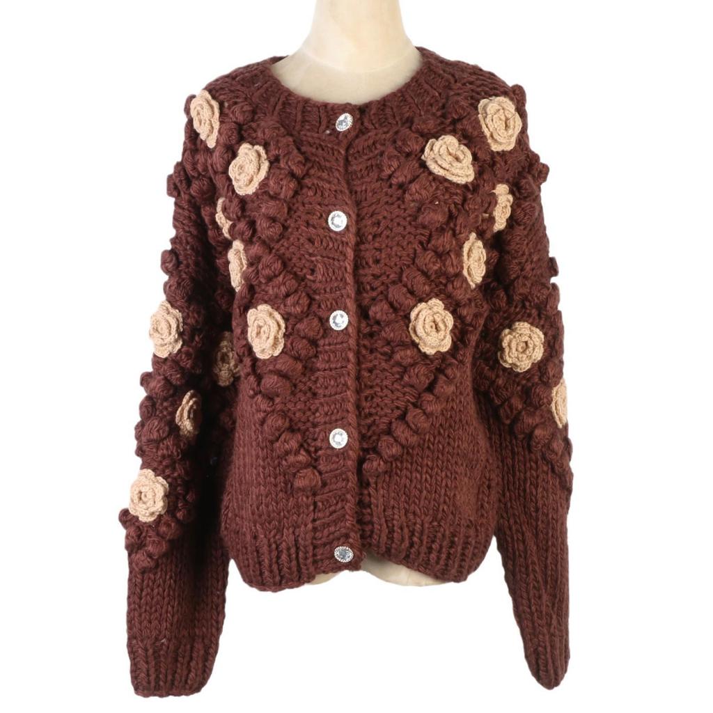 French Chic Age-Defying 3D Floral Chunky Knit Cardigan – Autumn/Winter Sweater Coat