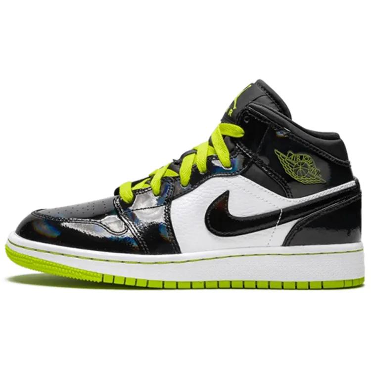 Air Jordan 1 Mid SE Grade School 'Black Cyber' (Unisex) Black / Cyber-White-Mystic Green Kids' Basketball Shoes BQ6931 003