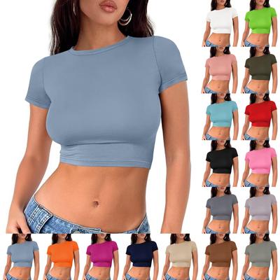 Women's Fashion Round Neck Neckless T-Shirt Slim Solid Colour Short Sleeve Top