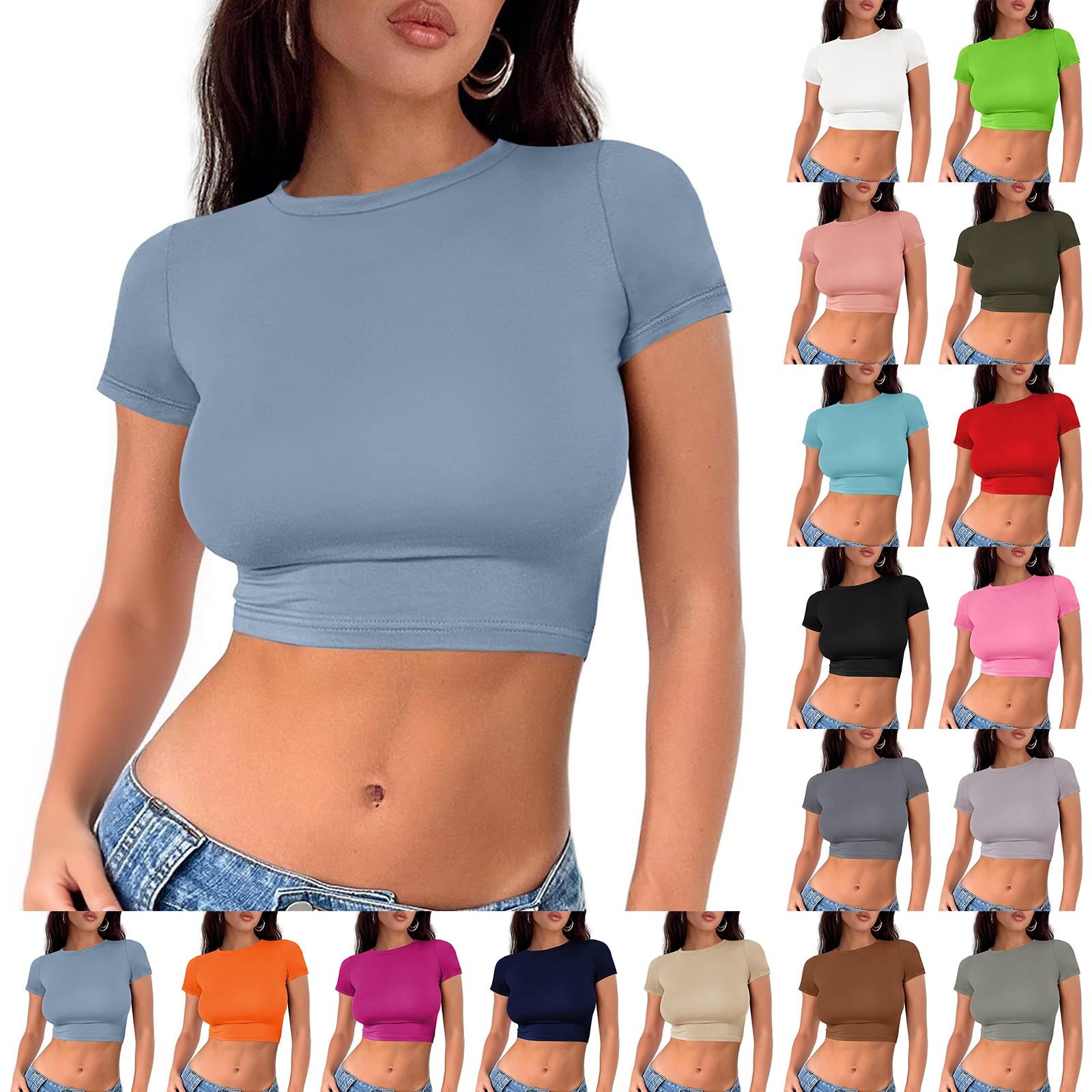 

Women s Fashion Round Neck Neckless T-Shirt Slim Solid Colour Short Sleeve Top L білий