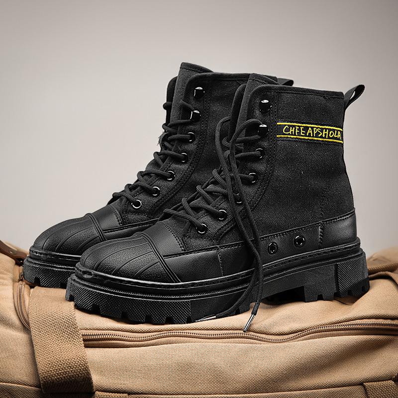 Grüne Canvas Herren Stiefeletten Mode Schnürstiefel Motorradstiefel Mann Werkzeugstiefel Herbst Rutschfest Cowboy Plateau Stiefel Für Mann