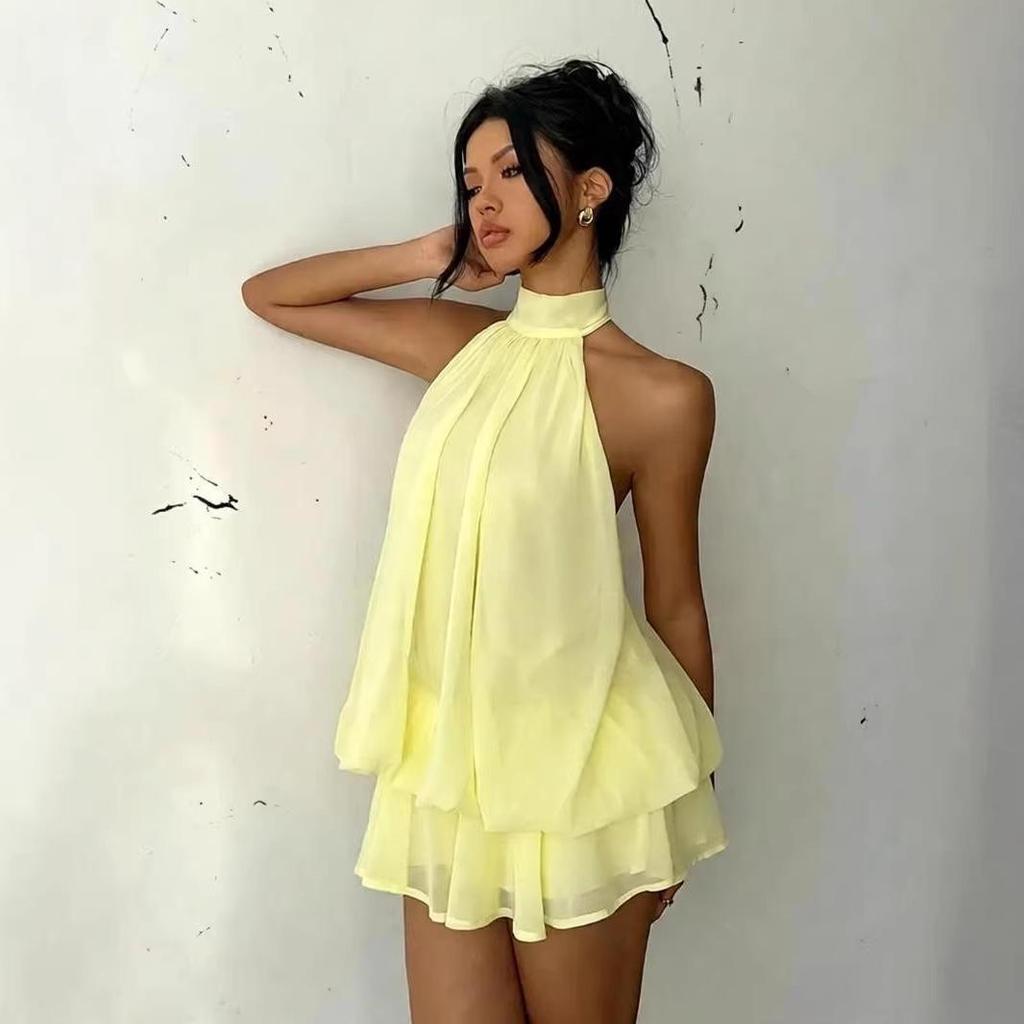Cross-Border Women's Sexy Backless Halter Top & Fluffy Short Skirt Dress