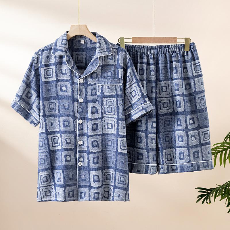 2026 New Summer Men's Pajama Set 100% Cotton Thin Jacquard Exquisite Short Sleeve Shorts Two Piece Set Loose Large Home Clothes