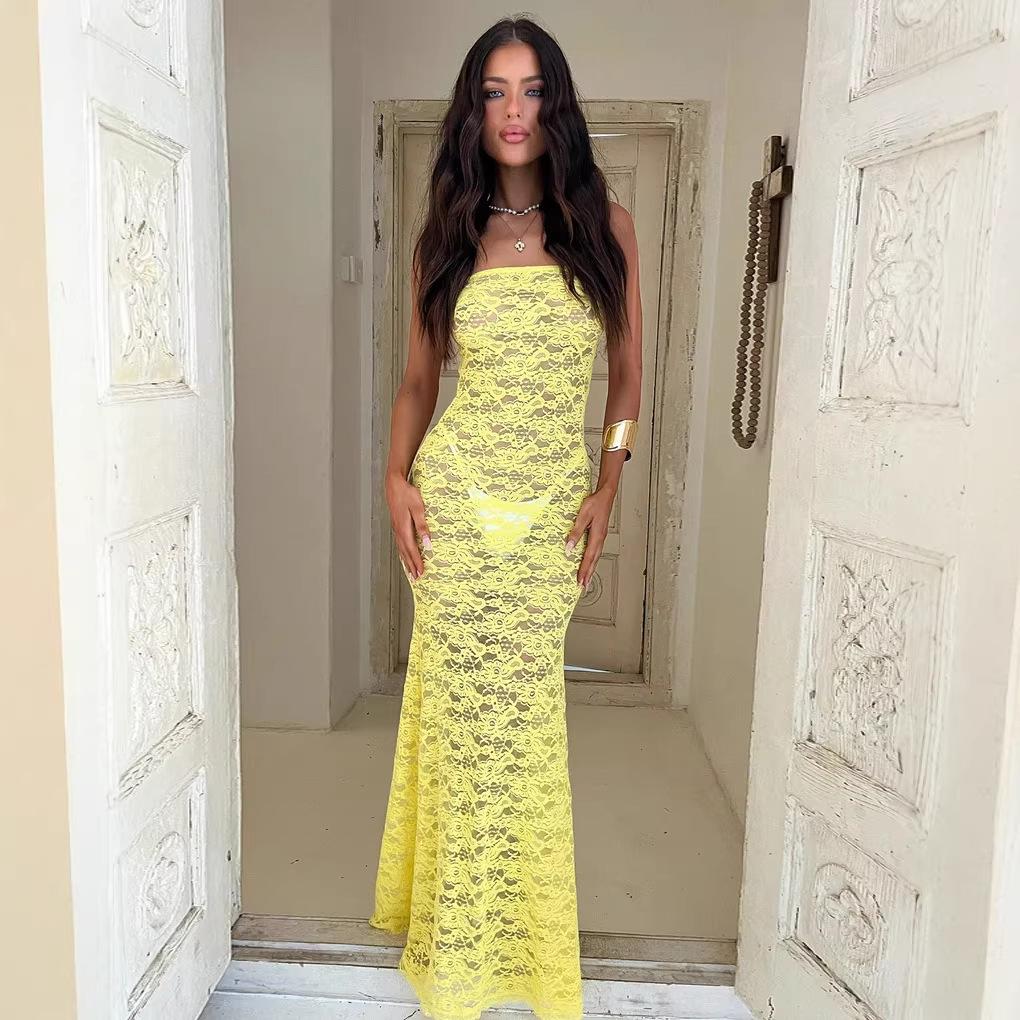 

Женское летнее горячее предложение сексуальное кружевное сращивание на бретельках с открытой спиной длинное узкое платье-туба женское S жёлтый