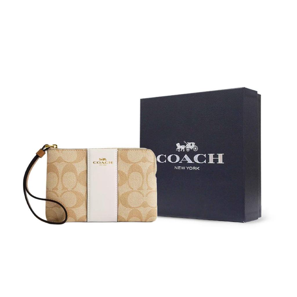 Coach Corner Zip Wristlet 15 Striped Signature Coated Canvas And Recycled Leather Clutch Mini Women clutch Light-Khaki CR945-IMWQJ