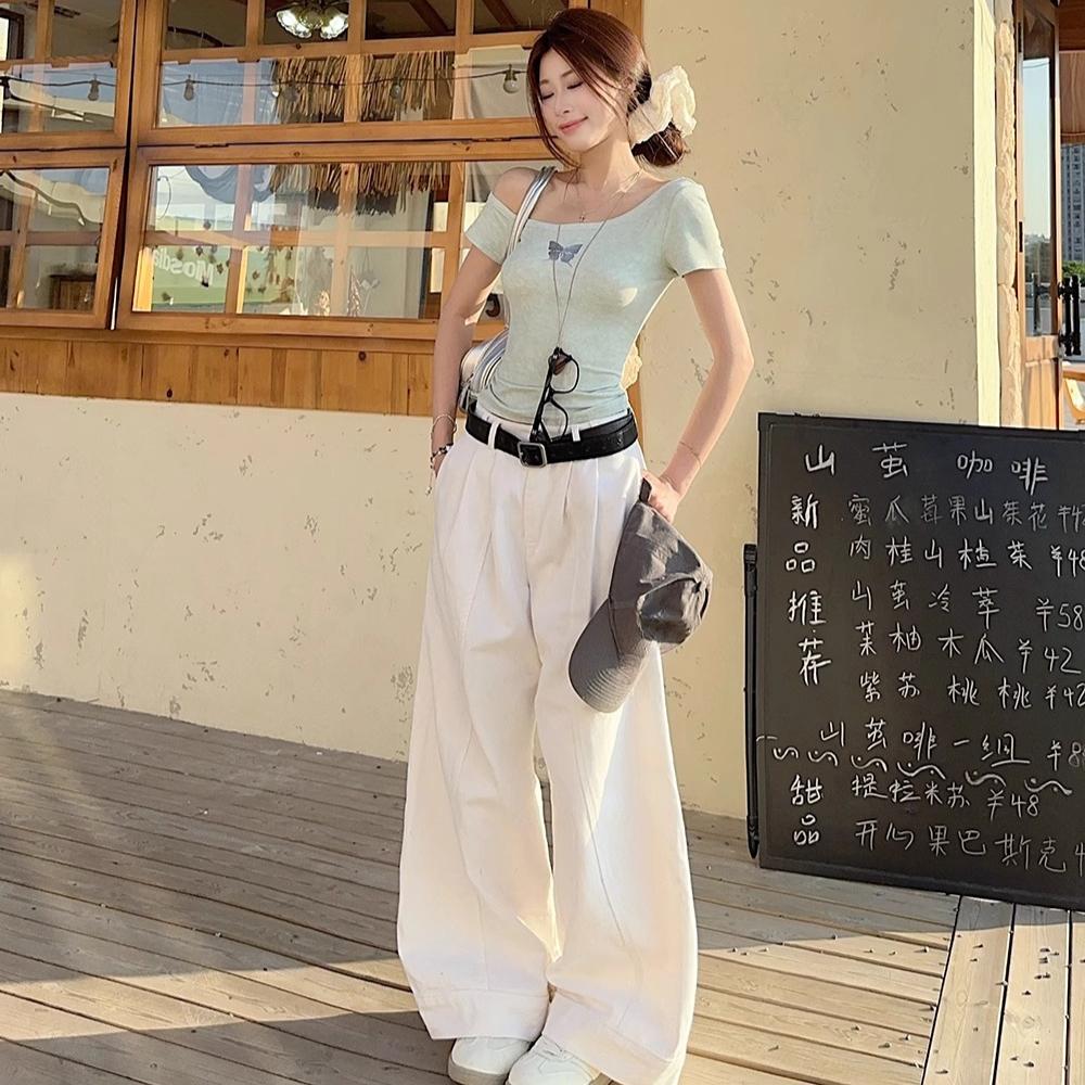 Harajuku Cotton Women T-shirts Summer Short Sleeve Slanted Collar Casual Sexy Butterfly Print Slim T Shirt Ladies Y2k Crop Tops Green Clothes