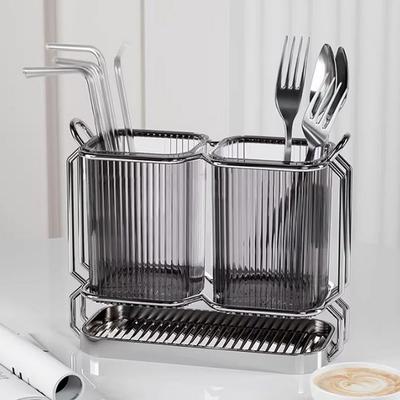 Modernes 2-Loch-Abtropf-Besteckbehälter-Set, Ständer mit Befestigungshaken, kann an der Wand montiert werden, R99834B (2 Löcher, 1 Satz, schwarz