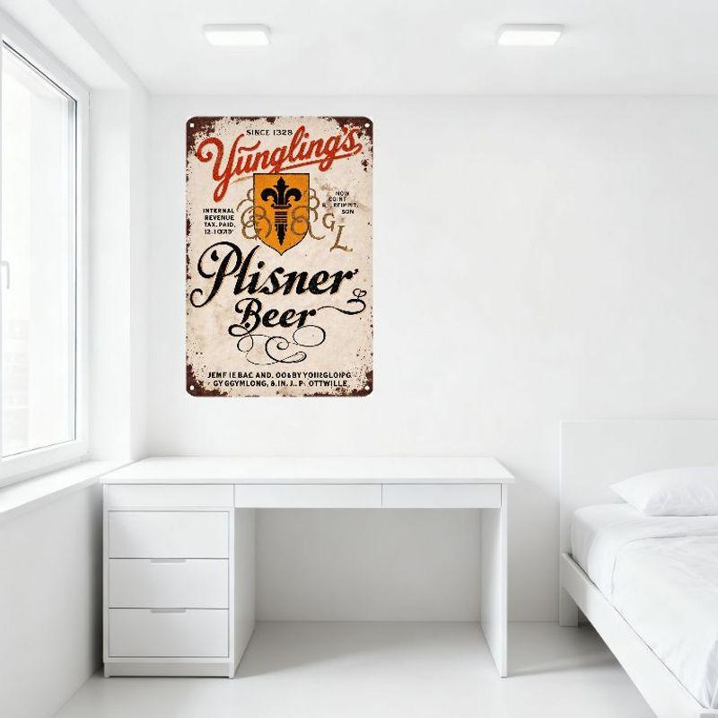 Vintage Yungling’s Plisner Beer Metal Tin Sign, Aged White Background with Rust Texture, Red Cursive & Black Script Design for B
