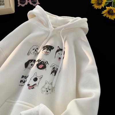 Retro Street Leisure Autumn and Winter New Puppy Print Hooded Sweater Men's Loose Plus Velvet Coat