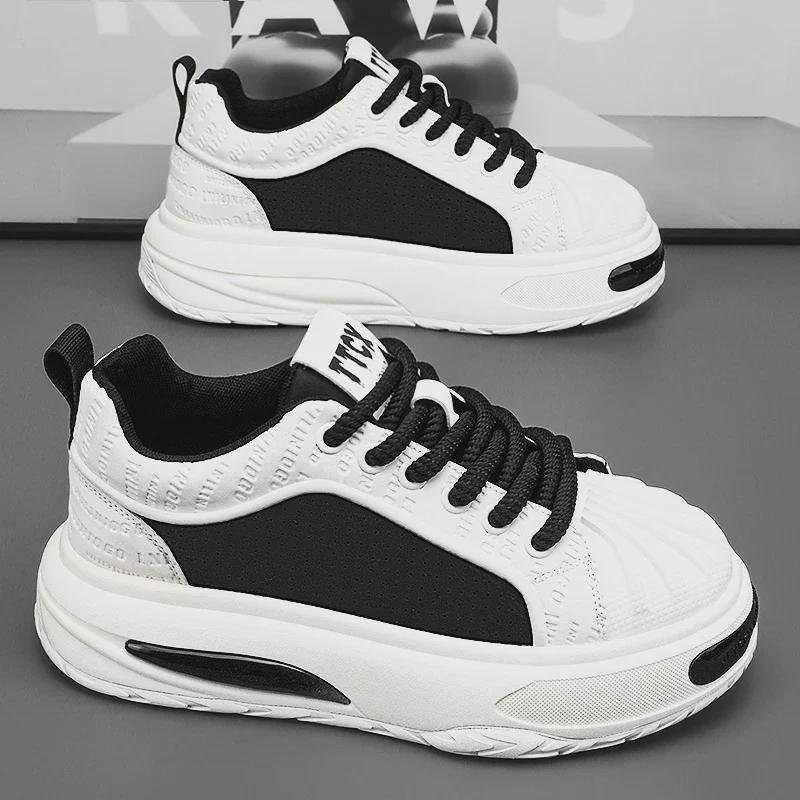 Schwarze Shell Toe Sneakers aus Leder für Herren – Dicke Sohle, trendige Herbst-Sportschuhe