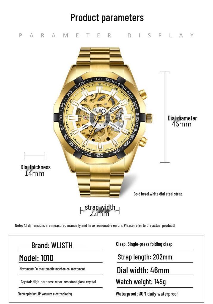 Wolis Men's Gold Waterproof Mechanical Watch - Creative Hollow Design