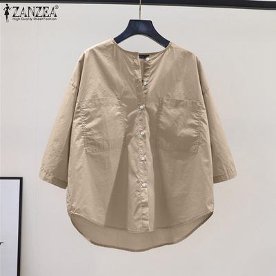 Damen Täglich Aufgesetzte Tasche Puffärmel Einfarbig Rundhals Shirts