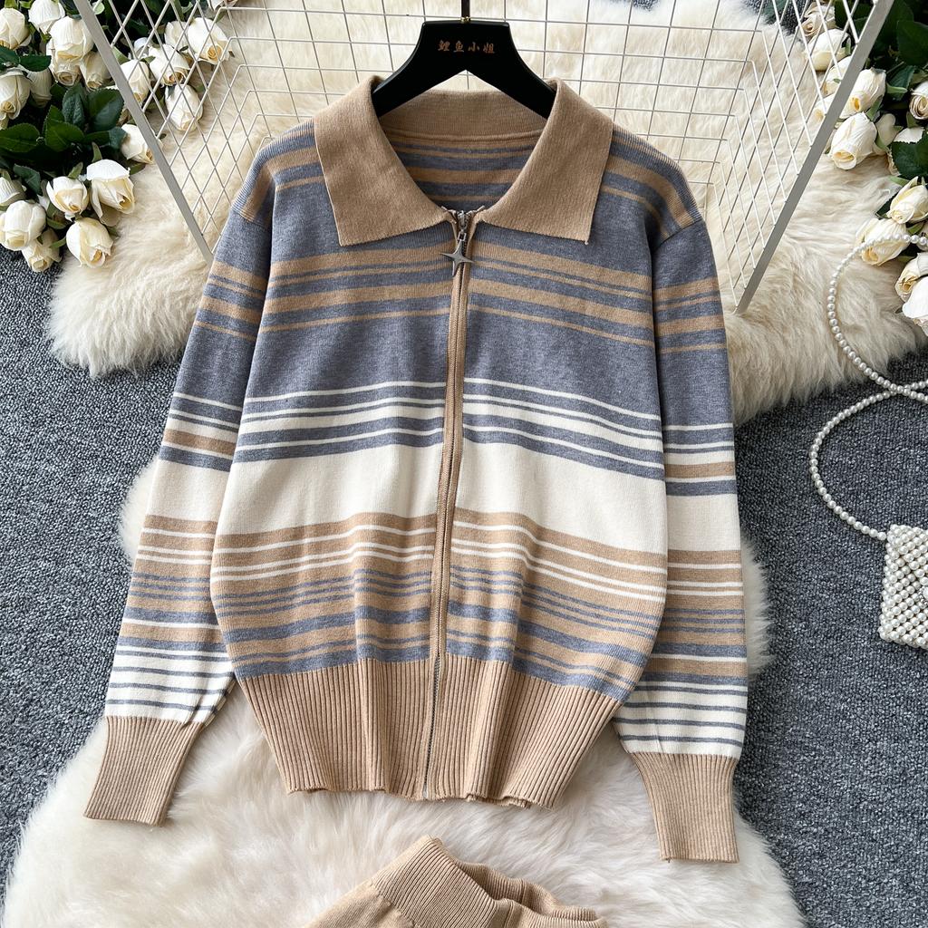 Toamnă Iarnă Pulover tricotat cu dungi Pantaloni Set două piese Jachetă cu fermoar Jachetă și pantaloni cu picioare largi Trening