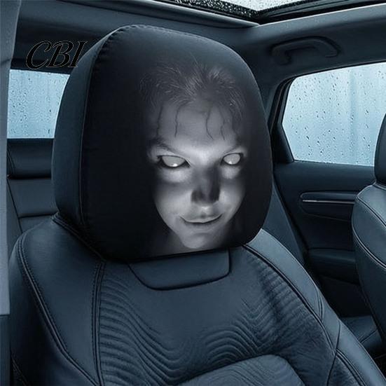 Universal Fit Auto Accessories 2PCS Car Headrest Cover with Scary Face Printing, Breathable Stretch Knitted Knit Fabric Dust Cover, Halloween