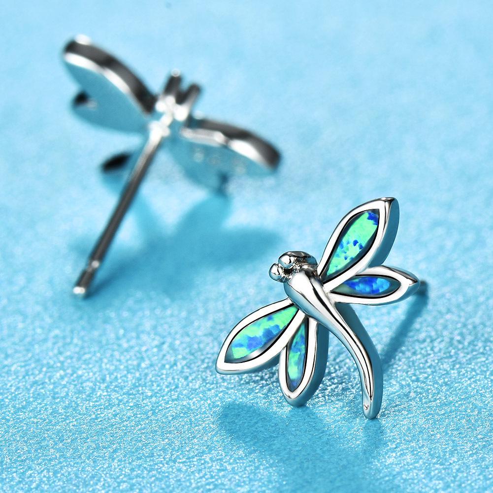 European and American platinum blue opal small dragonfly stud earrings cute and sweet animal earrings