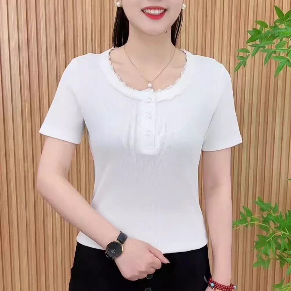 2025 Summer Fashion New Simple Solid Color Lace Round Neck Short Sleeve Versatile and Thin T-shirt Trend